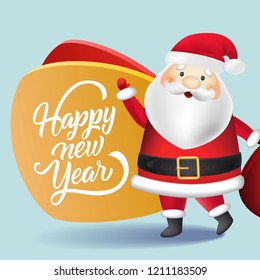 Happy New Year flyer design. Santa Claus cartoon character on light blue background. Template can be used for banners, posters, greeting cards