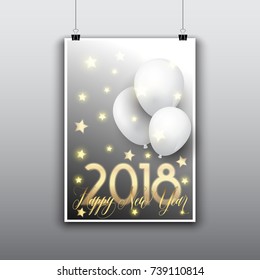 Happy New year flyer design with balloons and stars