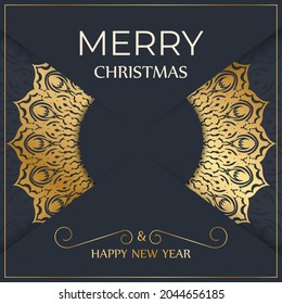 Happy new year flyer template in dark blue color with winter gold ornament