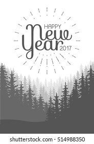 Happy New Year Flyer. Wild coniferous forest background. Pine tree, landscape nature, wood natural panorama. Vector illustration