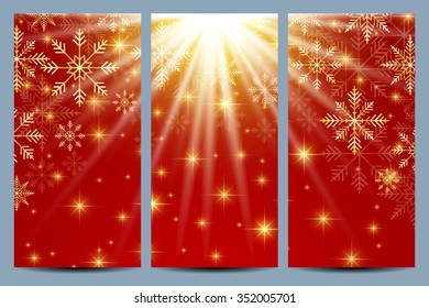 Happy New Year Flyers.  Red background  with golden snowflakes. Modern design vector template.