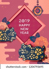 Happy New Year with flying piggy and peony pattern in paper art style, traditional Chinese style