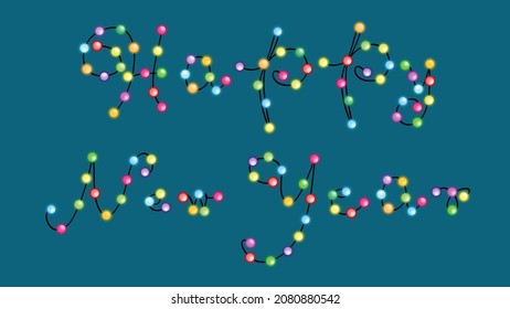 Happy new year font with colorful light bulbs