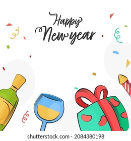 Happy New Year Font With Confetti Ribbons, Champagne Bottle, Drink Glass, Gift Box And Fireworks Rocket On White Background.