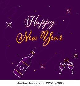 Happy New Year Font With Doodle Champagne Bottle And Toast Glasses On Purple Background.