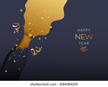 Happy New Year Font With Paper Cut Champagne Spilling From Bottle, Stars, Curl Ribbons On Golden And Blue Background.