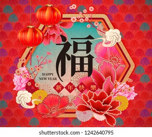 Happy new year and fortune written in Chinese characters, hanging lanterns and flowers