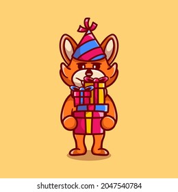 happy new year fox brings a pile of gifts, suitable for happy new year or birthday t-shirt designs and cute animal mascots