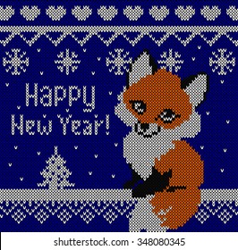 Happy New Year Fox greeting card. Knitting effect blue background.