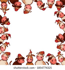 Happy New Year frame with cute little cartoon cattle with cows and bulls celebrating the 2021chinese astrological calendar. vector illustration