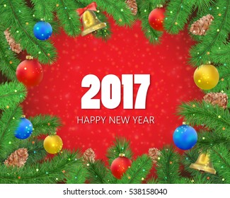 Happy New Year frame with fir tree branches, holiday decorative elements and confetti. Noel background with lettering. Vector illustration isolated on red. 