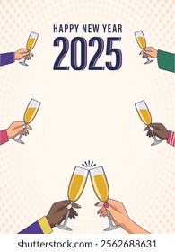 Happy New Year Frame, Sticker Design with People Holding Champagne Glass Vector Illustration.