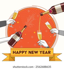 Happy New Year Frame, Sticker Design with People Holding Champagne Glass and Bottle Vector Illustration.