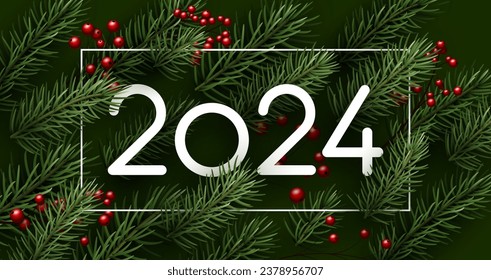 Feliz año nuevo con marcos y papel blanco 2024 grabando sobre fondo verde con ramas de abetos y bayas rojas. Ilustración vectorial.