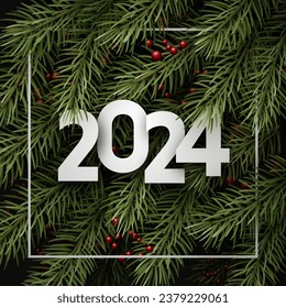 Happy new year with frame and white paper 2024 lettering on green background with fir branches and red berries. Vector illustration.