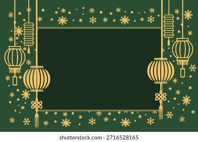 Happy New Year Frame. Winter Holiday Vector Frame on Green. Perfect for greeting cards, posters, banners, social media posts, invitations, and New Year celebration designs