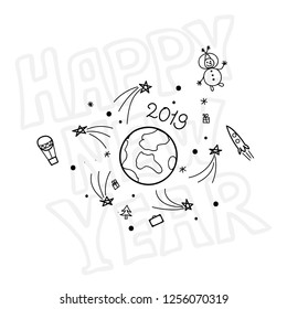 Happy New Year! Freehand drawing 
black on white background. Lettering. Vector