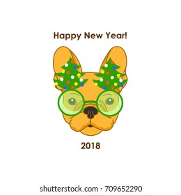 Happy New Year. French Bulldog in New Year's glasses on a white background. Festive vector illustration. Happy holidays.