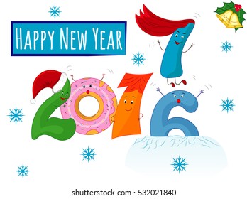 Happy New Year, Funny 2017, Snow, Holiday, Redhead Seven Jumping, Vector Illustration EPS 10