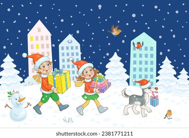 Happy New Year! Funny boy, little girl and cute puppy in Santa costumes are walking through the winter night city and carrying gifts. In cartoon style. Merry Christmas! Vector illustration.