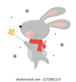 Happy new year funny bunny with a magic wand