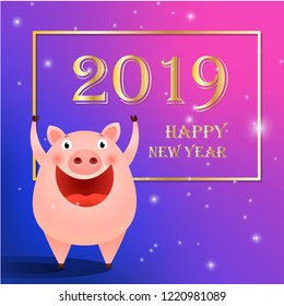 Happy New Year with funny  chubby piglet and frame poster design. Inscription in frame with laughing chubby piglet on purple background. Can be used for postcards, calendars, greetings