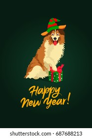 Happy New Year! Funny dog â??â??in a striped red-green hat and a gift box. Lettering. Vector holiday card. Symbol of the year 2018. Cute Collie