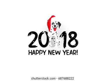 Happy New Year! Funny dog in a red hat. Lettering. Vector holiday card. Symbol of the  2018. Dalmatian