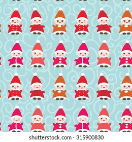 Happy New Year Funny gnomes in red hats seamless pattern on blue background. Vector