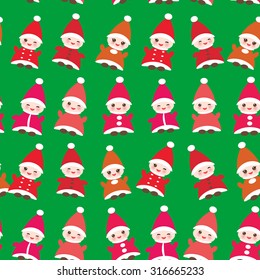 Happy New Year Funny gnomes in red hats seamless pattern on green background. Vector