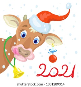 Happy New Year! A funny little bull  in a santa hat. Greeting card for 2021. In cartoon style. Isolated on white background. Vector flat illustration.