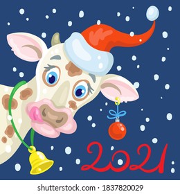 Happy New Year! A funny little bull  in a Santa hat. Greeting card for 2021. In cartoon style. On a dark blue background. Vector flat illustration.