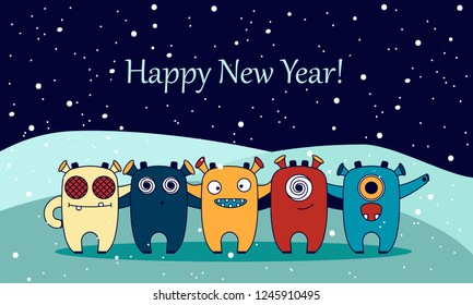 Happy New Year! Funny monsters hugging against the night sky and snow. Vector illustration. Cartoon characters. Holiday card.