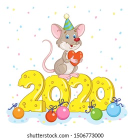 Happy New Year! Funny rat with a red heart in his hands, in a festive hat sits on number 2020, carved from cheese. In cartoon style. Isolated on white background. New Year card. Vector illustration.