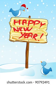 Happy New Year, funny wooden sign. Vector
