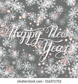 Happy New Year funny,joyful,acrylic brush strokes background with dots, splashes,circles,lines. Greeting card in creative modern grey,pink and white stylized colors.