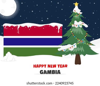 Happy new year in Gambia with Christmas tree and snow, banner or content design idea, Gambia flag with pine tree, new year celebration idea, sky with full moon and stars, vector design