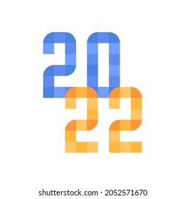 Happy New Year. Geometric lettering 2022. Simple colored stylized numbers. Festive New Year card. Vector illustration isolated on a light background.