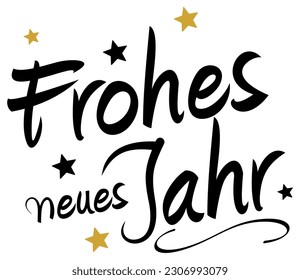 Happy New Year in German language. Black and Gold Hand writing calligraphic lettering. White back.
Frohes Neues Jahr is Happy New Year in English.
New Years eve Greetings with Stars as vector Ornament