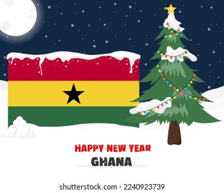 Happy new year in Ghana with Christmas tree and snow, banner or content design idea, Ghana flag with pine tree, new year celebration idea, sky with full moon and stars, vector design