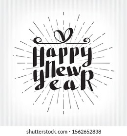 Happy New Year Gift Box Shape Calligraphic Logo Lettering over Shining Circular Rays, Holidays Decoration Template - Black on White Background - Vector Contrast Graphic Design