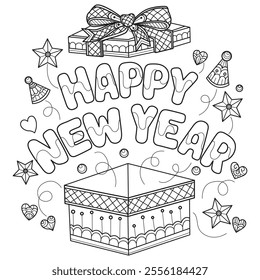 Happy New Year and Gift box hand drawn for adult coloring book