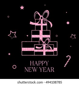 Happy New Year gift boxes set over christmas background vector illustration.