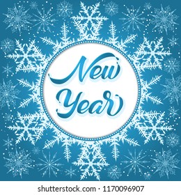Happy New Year gift card. Elegant handwritten calligraphy for winter holidays. Volumetric letters with shadow and snowflakes. For cards, invitations, prints etc