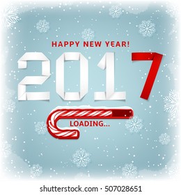 Happy New Year gift card. Vector illustration. Loading bar of 2017 year in the form of Christmas candy. Festive banner with snow and snowflakes. Numerals from paper in origami style.