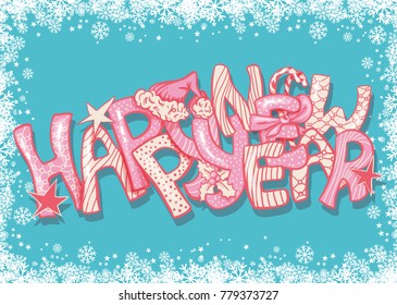 Happy New Year gift card with hand lettering. Colorful Xmas letters with pattern.