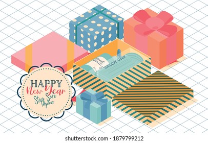 Happy New Year Gift, Face Mask and Hand Sanitizer For Covid-19 Pandemic Situation, Vector, Illustration