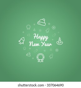 Happy New Year gift green card with outline icons