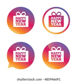 Happy new year gift sign icon. Present symbol. Gradient buttons with flat icon. Speech bubble sign. Vector