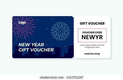 happy new year gift voucher card template design. city night sky with fire work artwork background coupon code promotion vector illustration